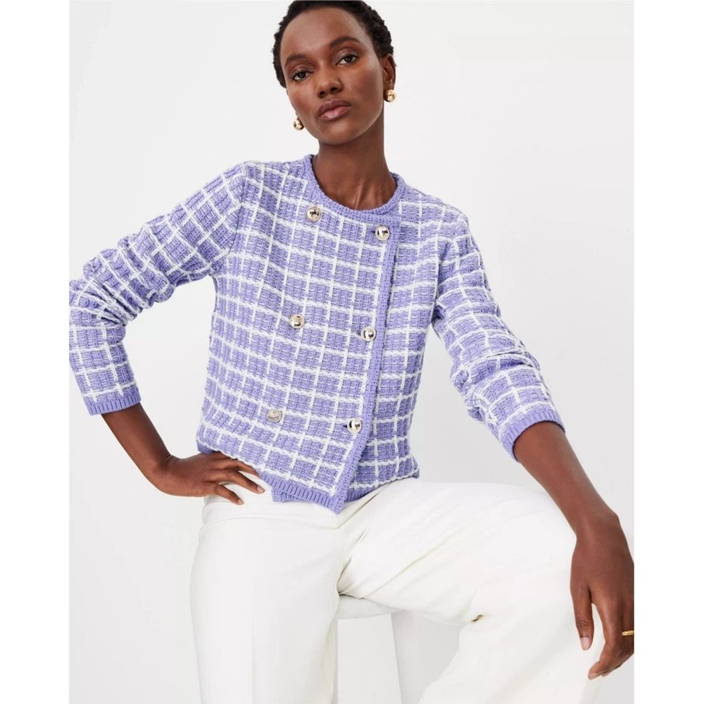 Ann Taylor Cardigan Blazer Womens Small Lilac Purple White Plaid Tweed Knit